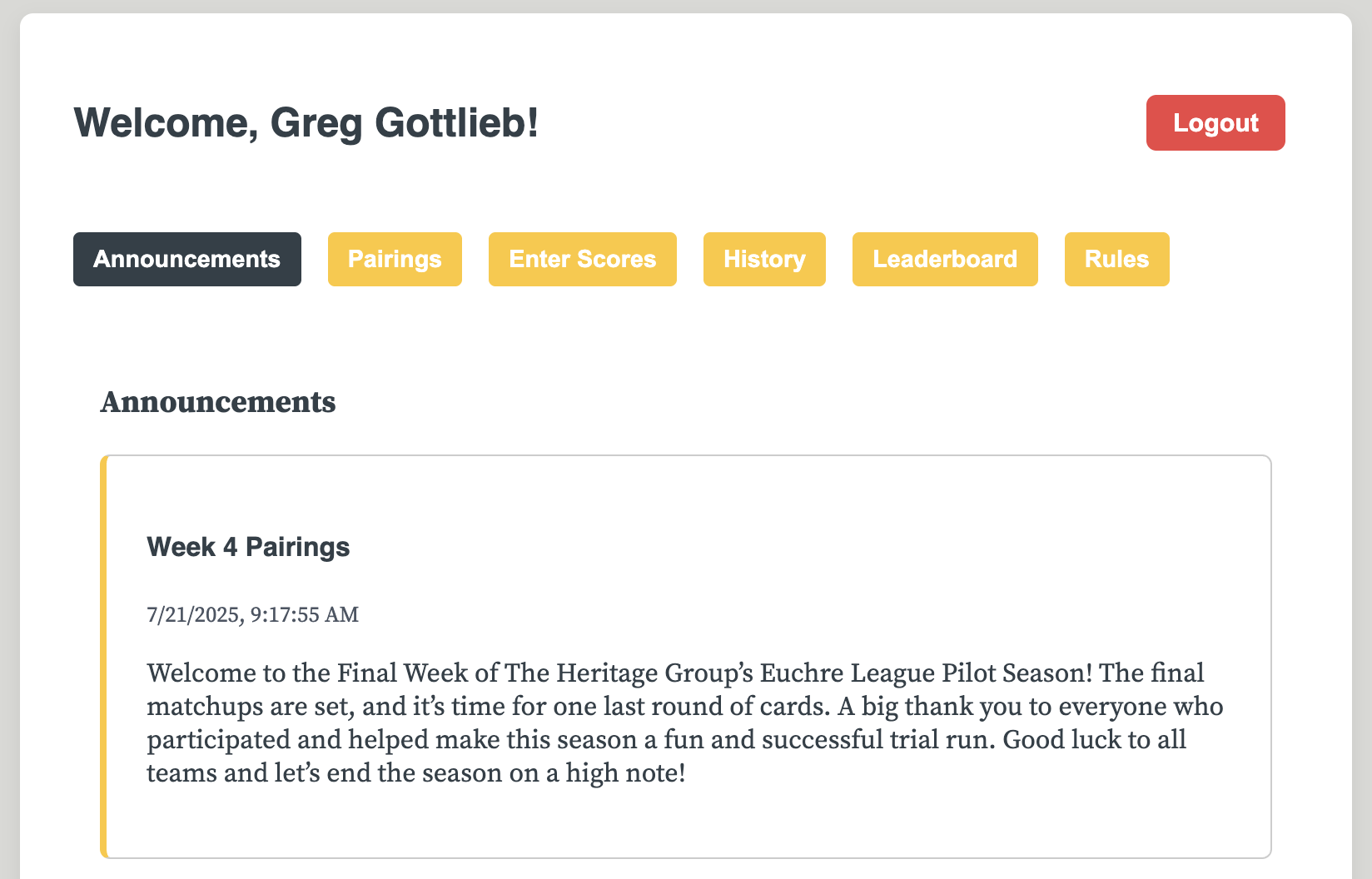Euchre League Project Screenshot